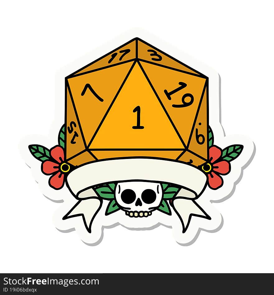 sticker of a natural one d20 dice roll. sticker of a natural one d20 dice roll