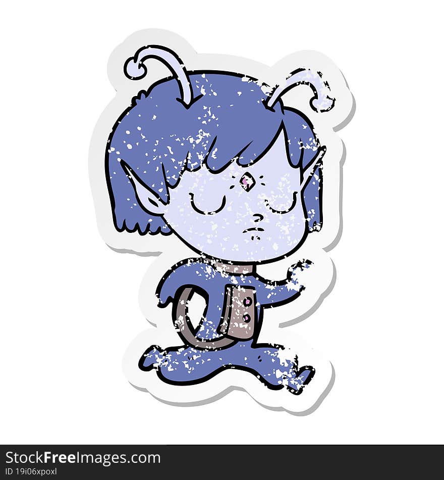 distressed sticker of a cartoon alien girl