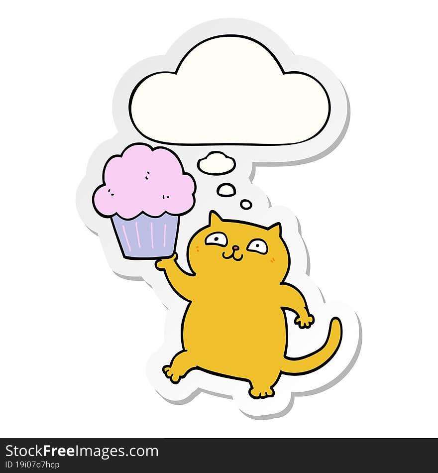 Cartoon Cat With Cupcake And Thought Bubble As A Printed Sticker