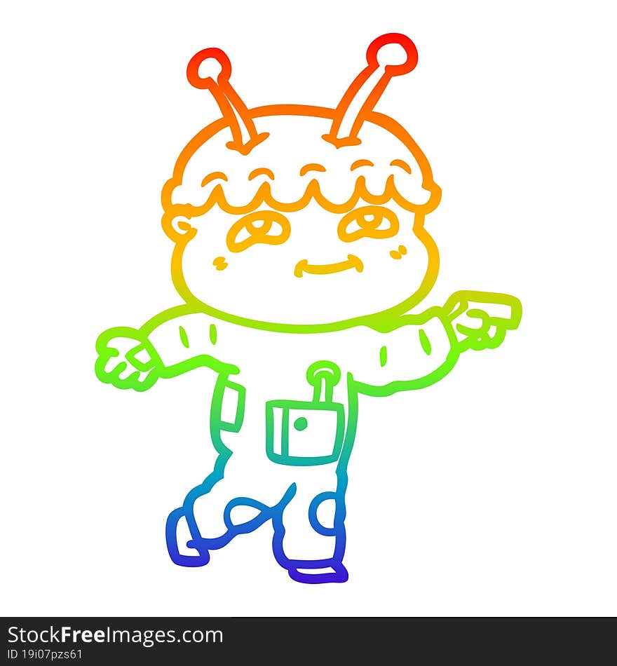 rainbow gradient line drawing friendly cartoon spaceman pointing