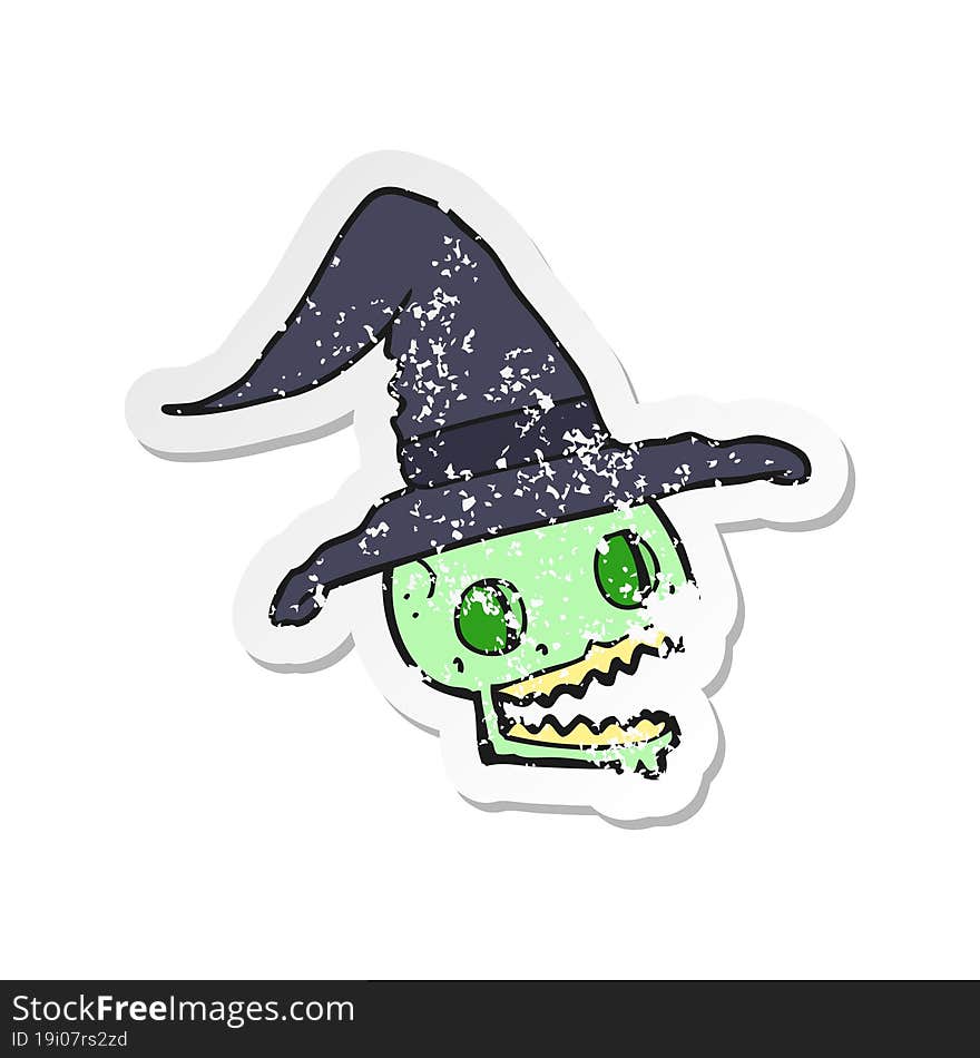 Retro Distressed Sticker Of A Cartoon Skull Wearing Witch Hat