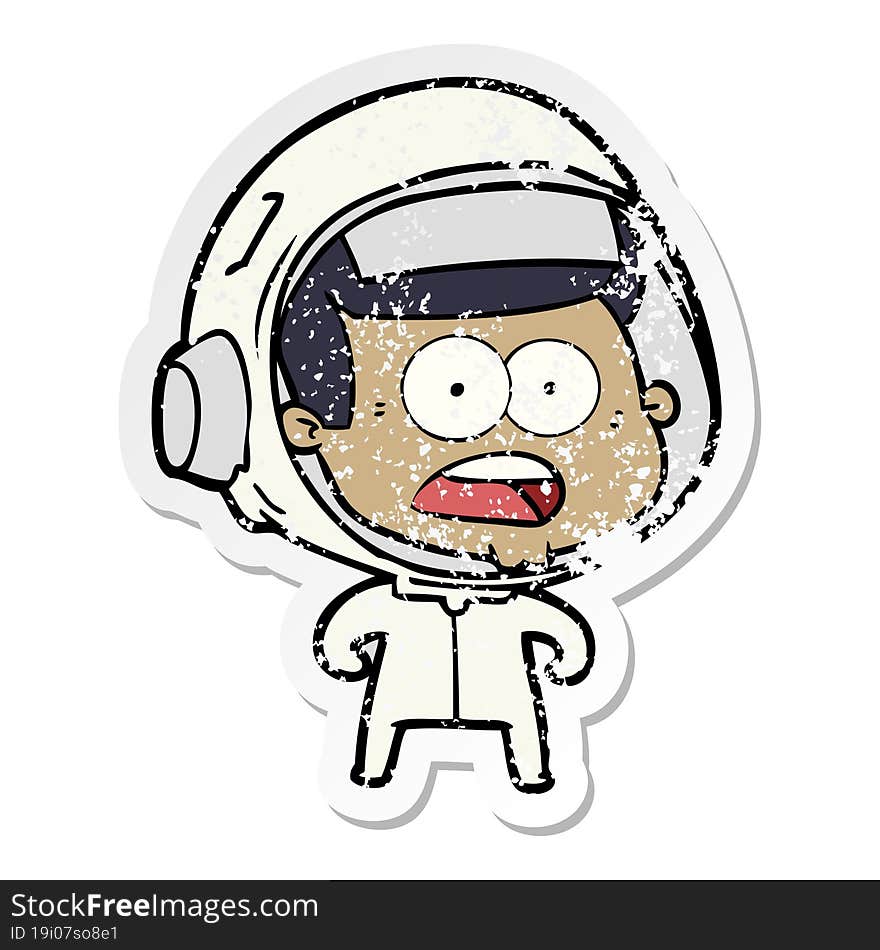 distressed sticker of a cartoon surprised astronaut