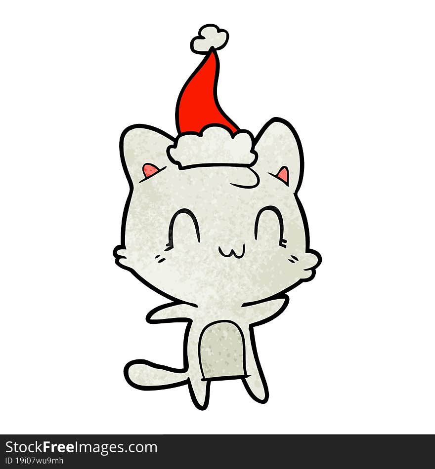 textured cartoon of a happy cat wearing santa hat