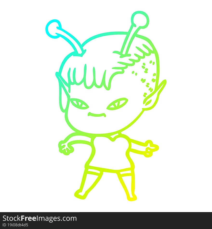 cold gradient line drawing of a cute cartoon alien girl