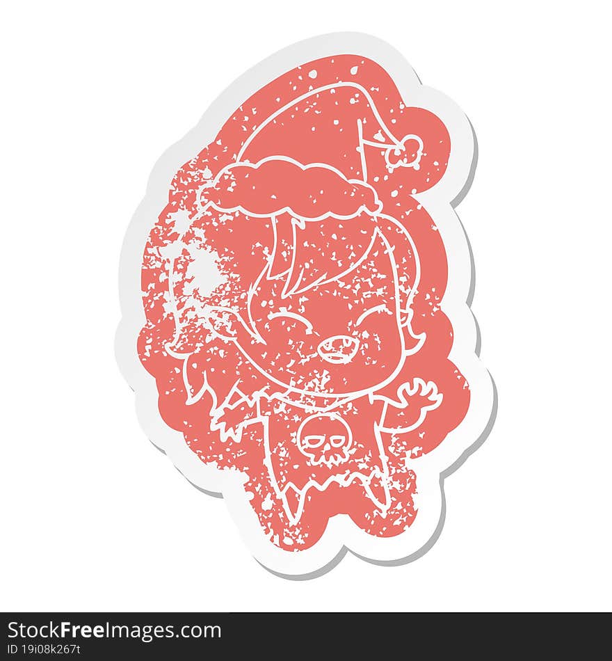 cartoon distressed sticker of a laughing vampire girl wearing santa hat