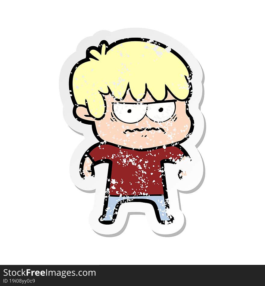 distressed sticker of a annoyed cartoon boy