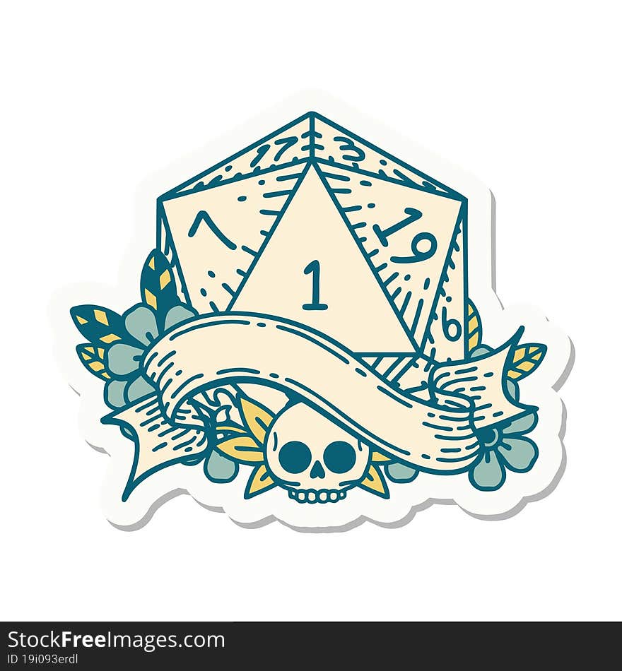 sticker of a natural one d20 dice roll. sticker of a natural one d20 dice roll