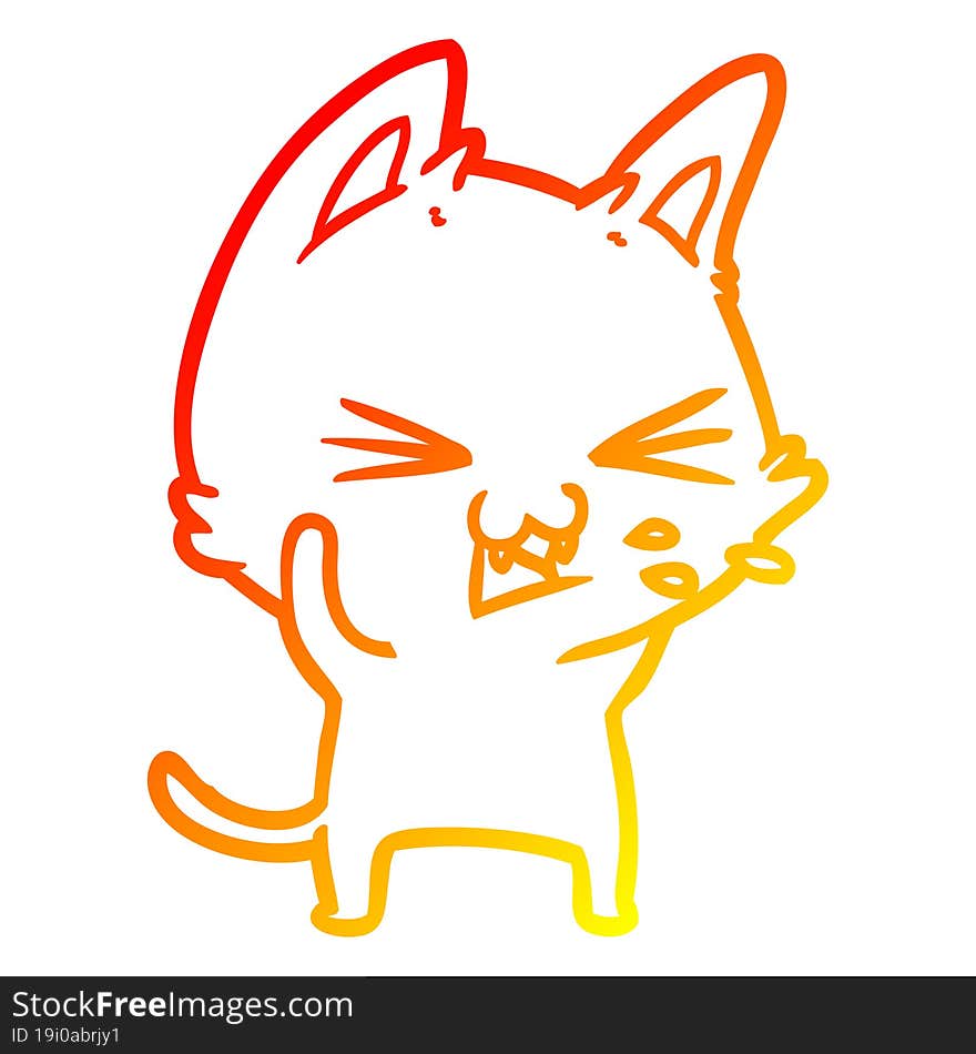 warm gradient line drawing of a cartoon cat hissing