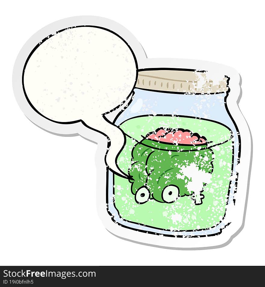 cartoon spooky brain floating in jar and speech bubble distressed sticker