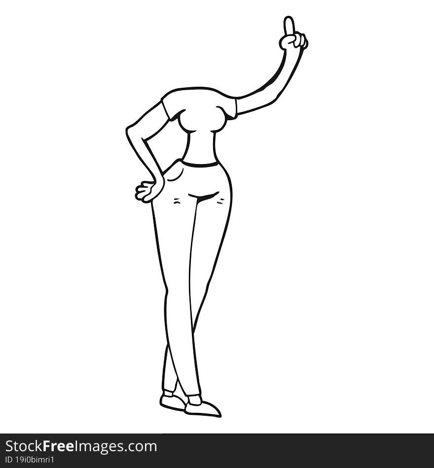 freehand drawn black and white cartoon female body with raised hand