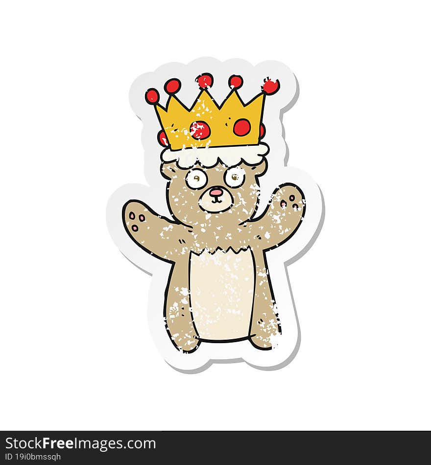 retro distressed sticker of a cartoon teddy bear wearing crown