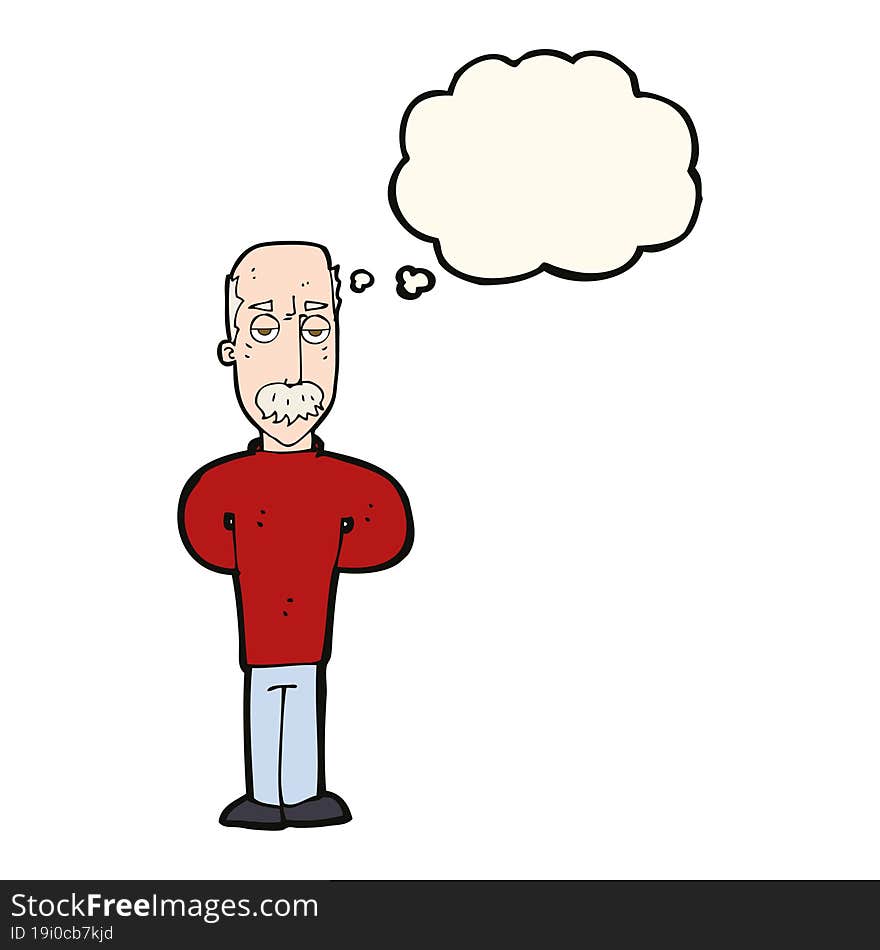 cartoon annoyed balding man with thought bubble