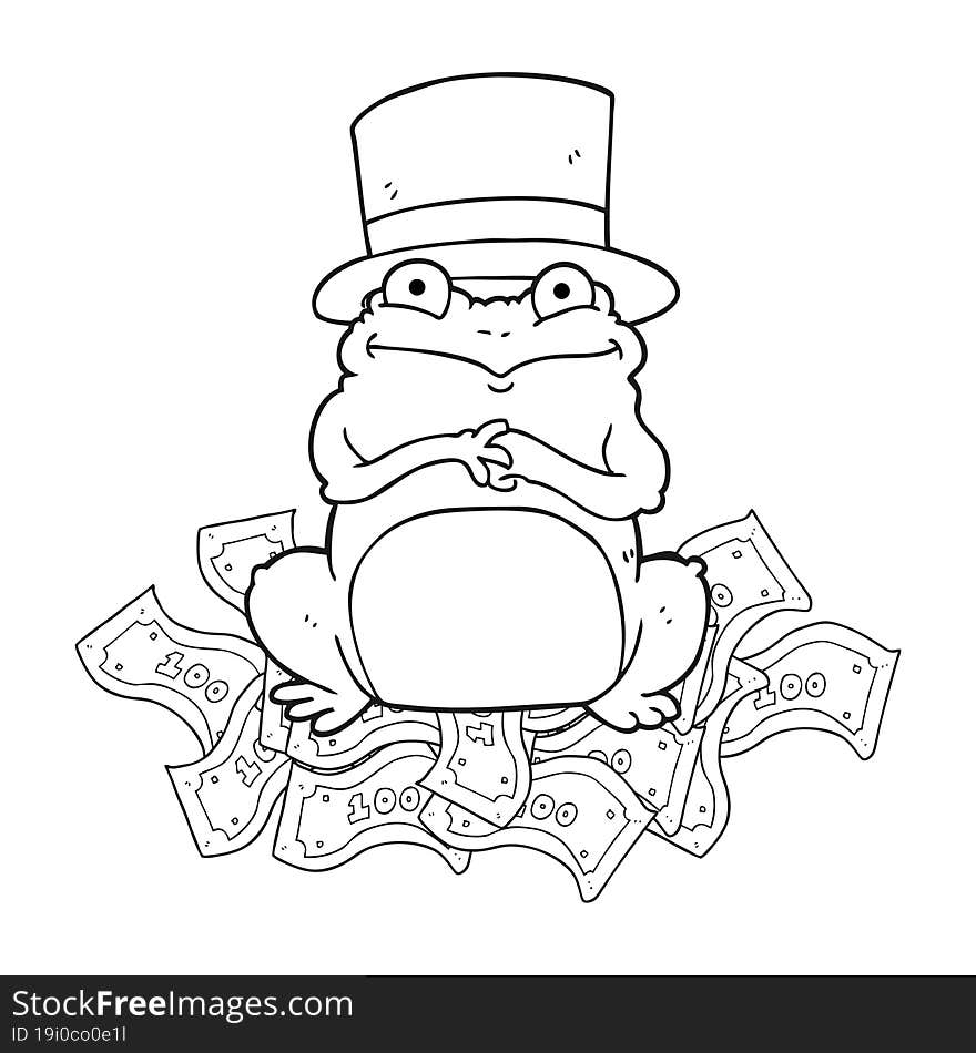 freehand drawn black and white cartoon rich frog in top hat