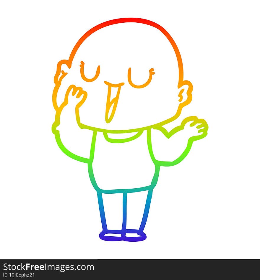 rainbow gradient line drawing of a happy cartoon bald man yawning