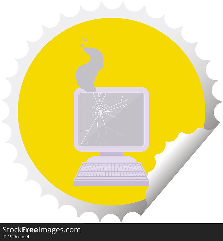 broken computer graphic vector illustration round sticker stamp. broken computer graphic vector illustration round sticker stamp