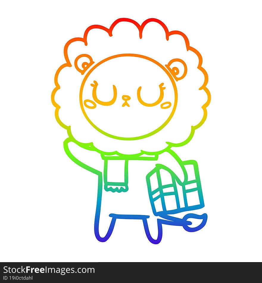 rainbow gradient line drawing cartoon lion with christmas present