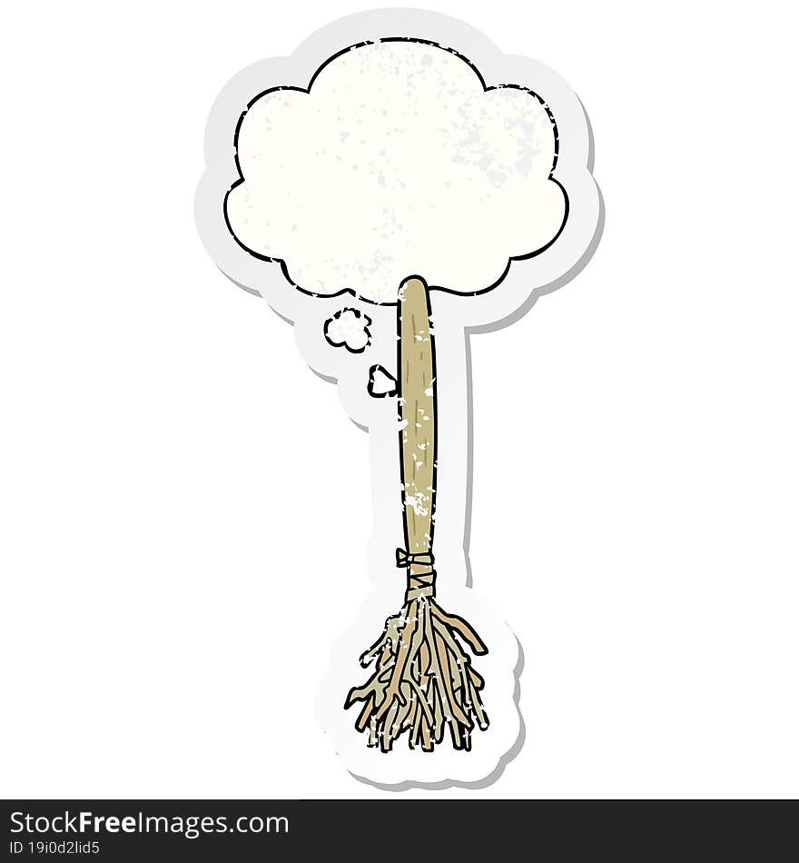 cartoon magic broom with thought bubble as a distressed worn sticker