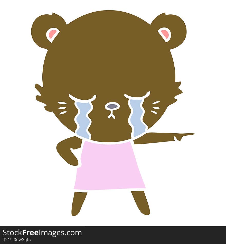 crying flat color style cartoon bear in dress pointing