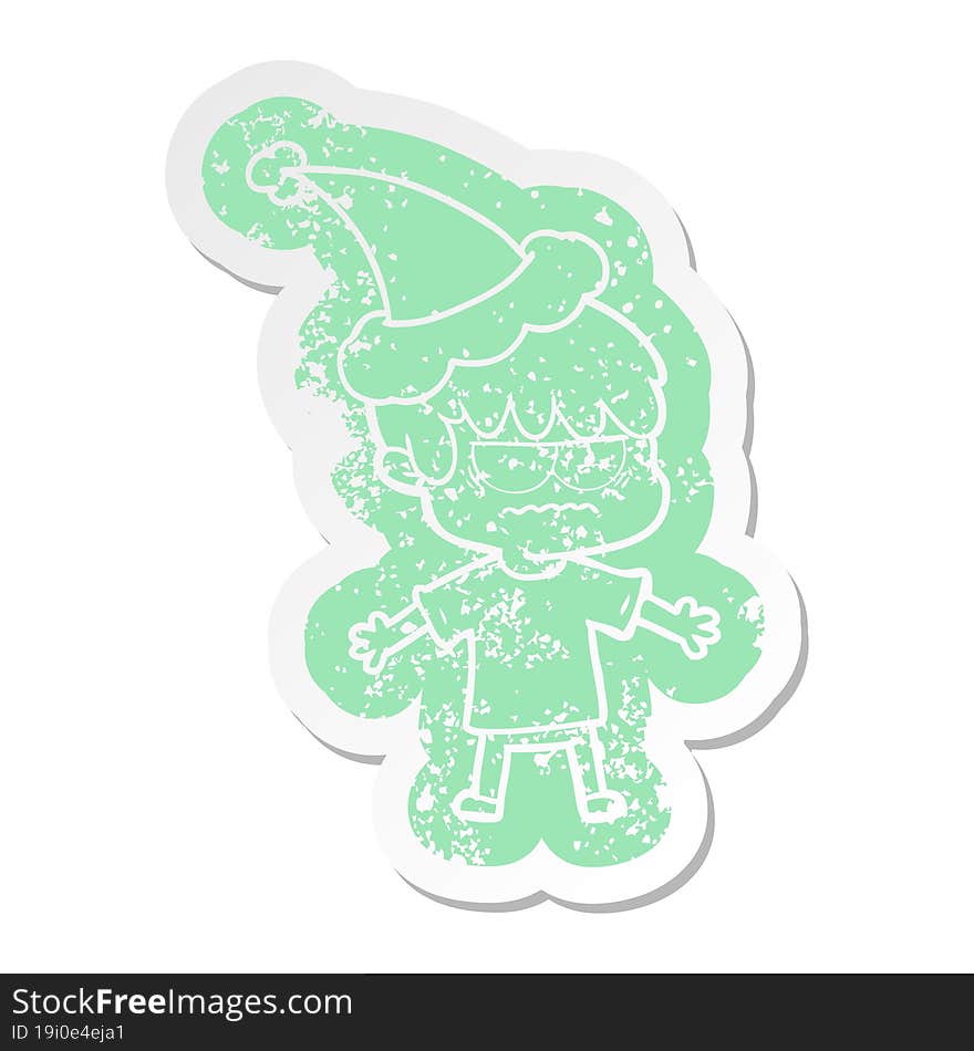 annoyed cartoon distressed sticker of a boy wearing santa hat