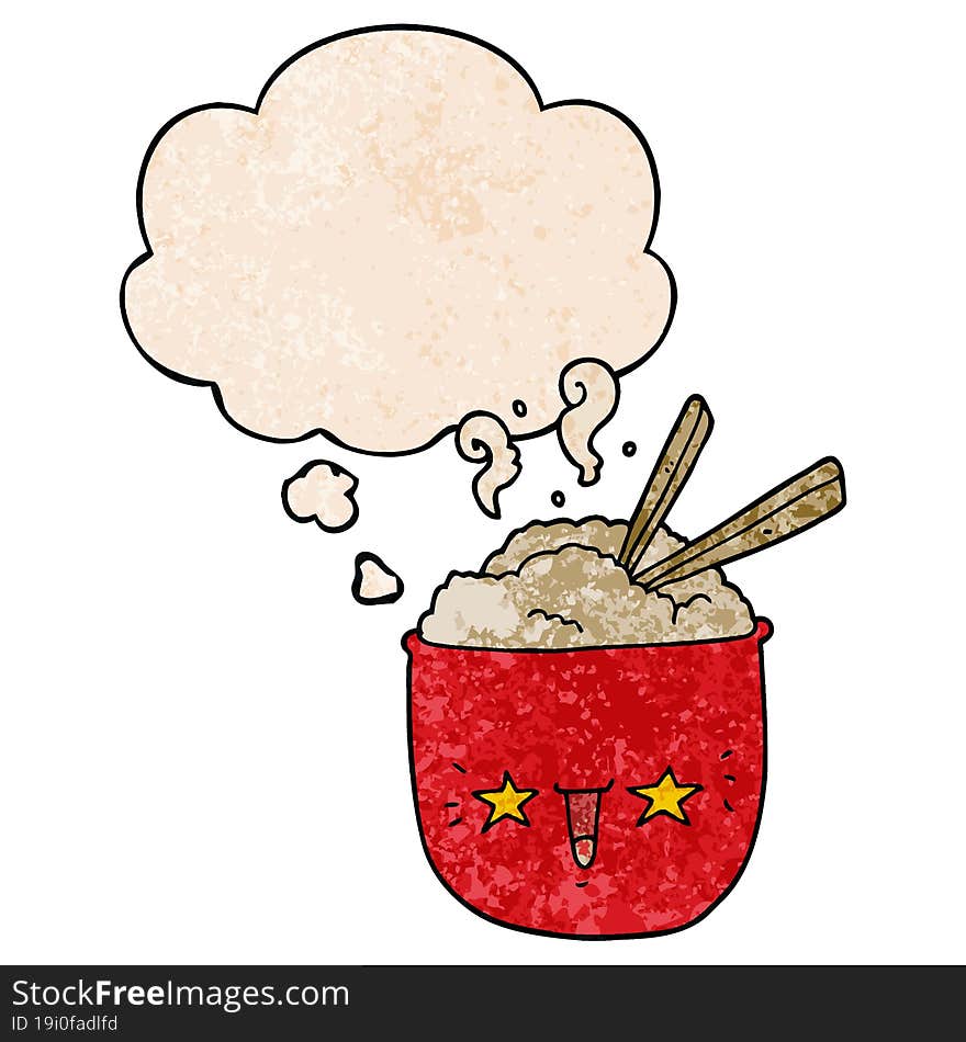 cartoon rice bowl with face and thought bubble in grunge texture pattern style