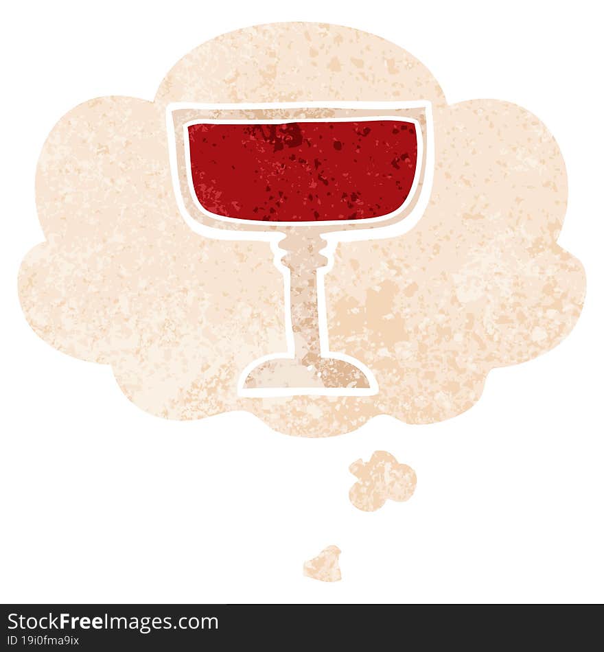 cartoon wine glass and thought bubble in retro textured style