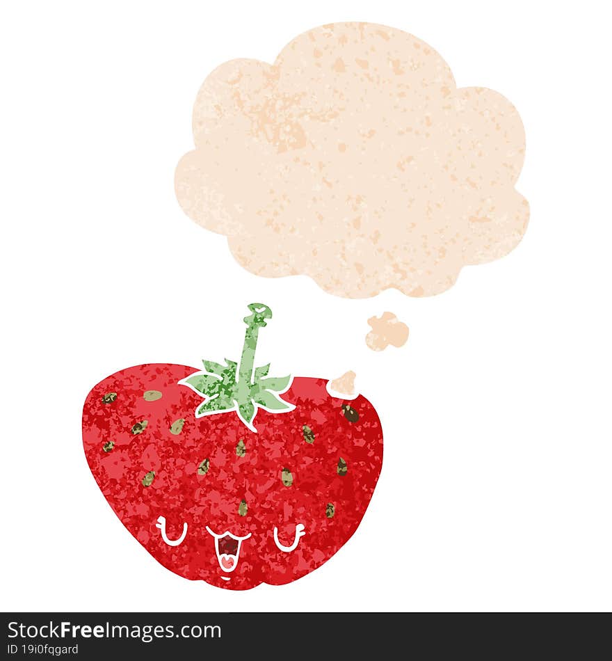 cartoon strawberry and thought bubble in retro textured style