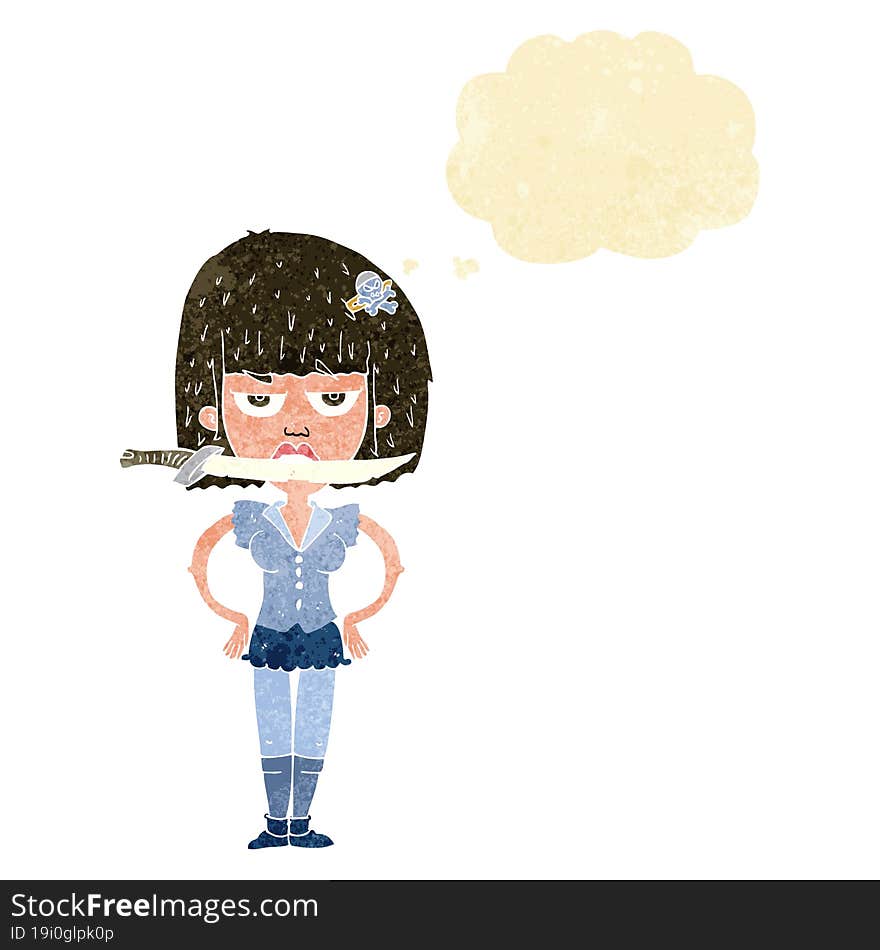 cartoon woman with knife between teeth with thought bubble