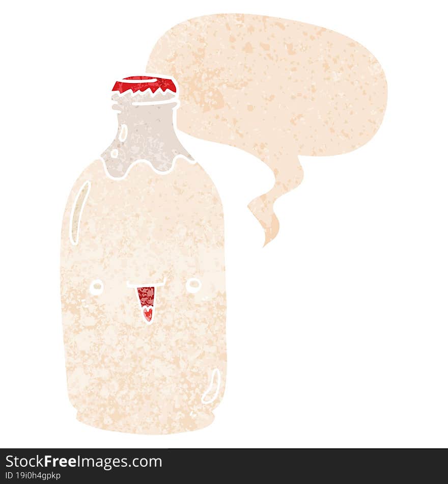 cute cartoon milk bottle with speech bubble in grunge distressed retro textured style. cute cartoon milk bottle with speech bubble in grunge distressed retro textured style