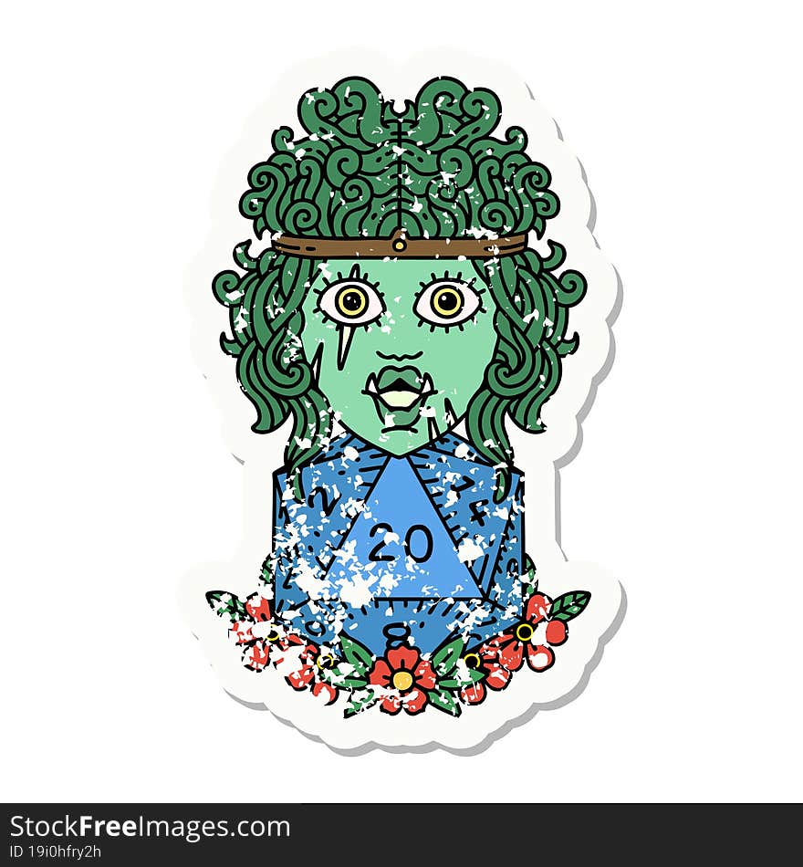 orc barbarian with natural twenty dice roll grunge sticker