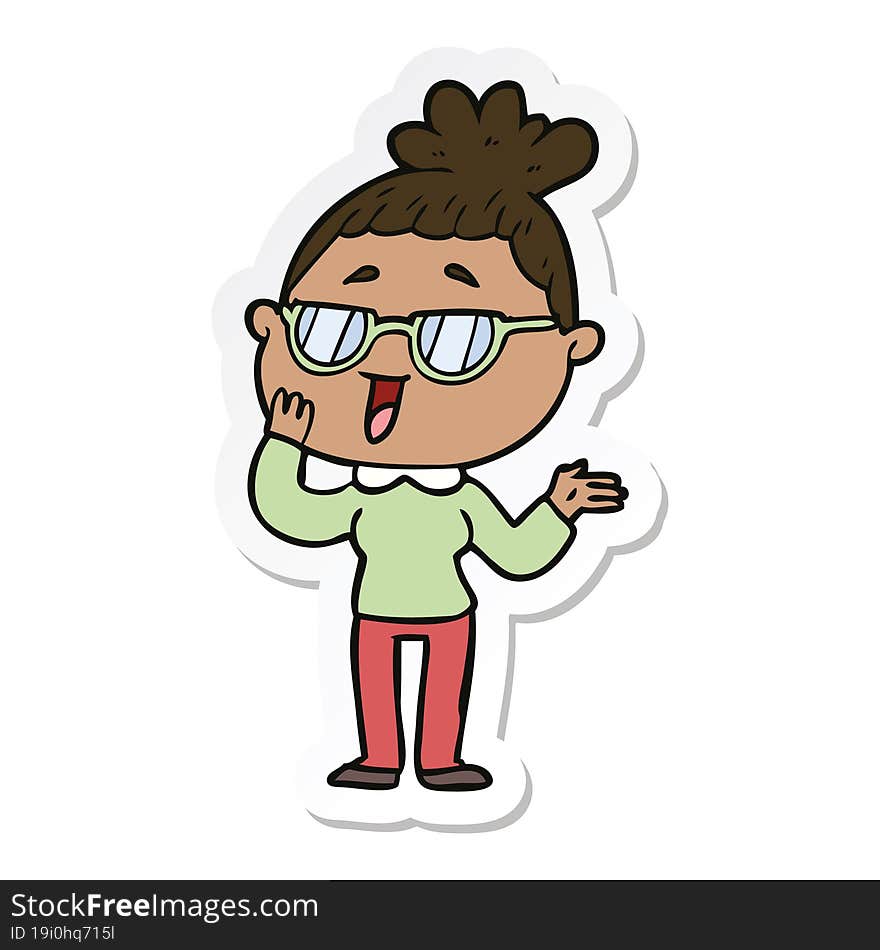 sticker of a cartoon happy woman wearing spectacles