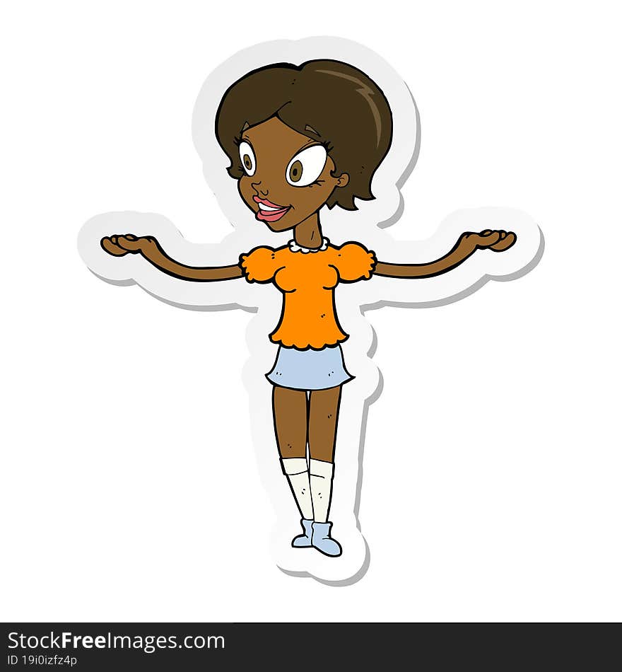 sticker of a cartoon woman with arms spread wide