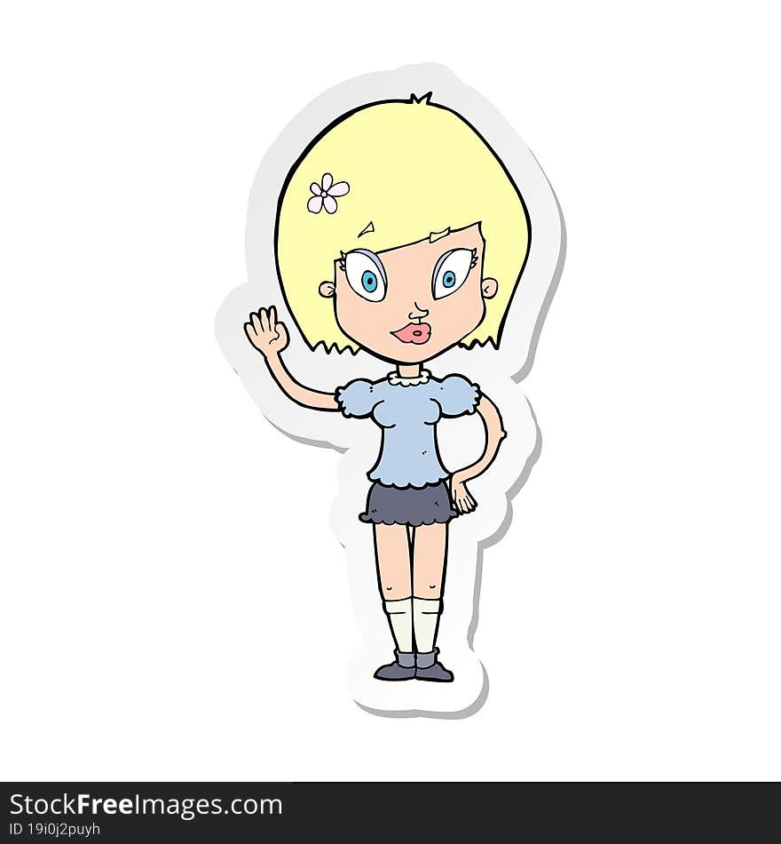 sticker of a cartoon pretty girl waving