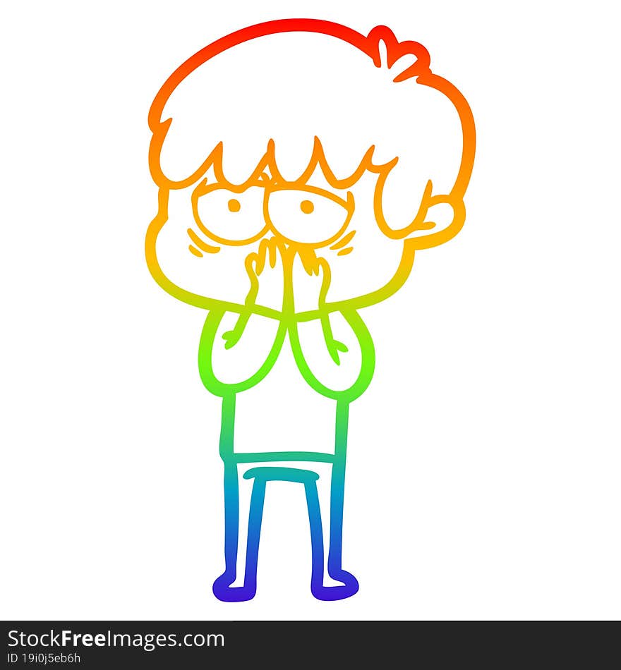 rainbow gradient line drawing of a cartoon exhausted boy