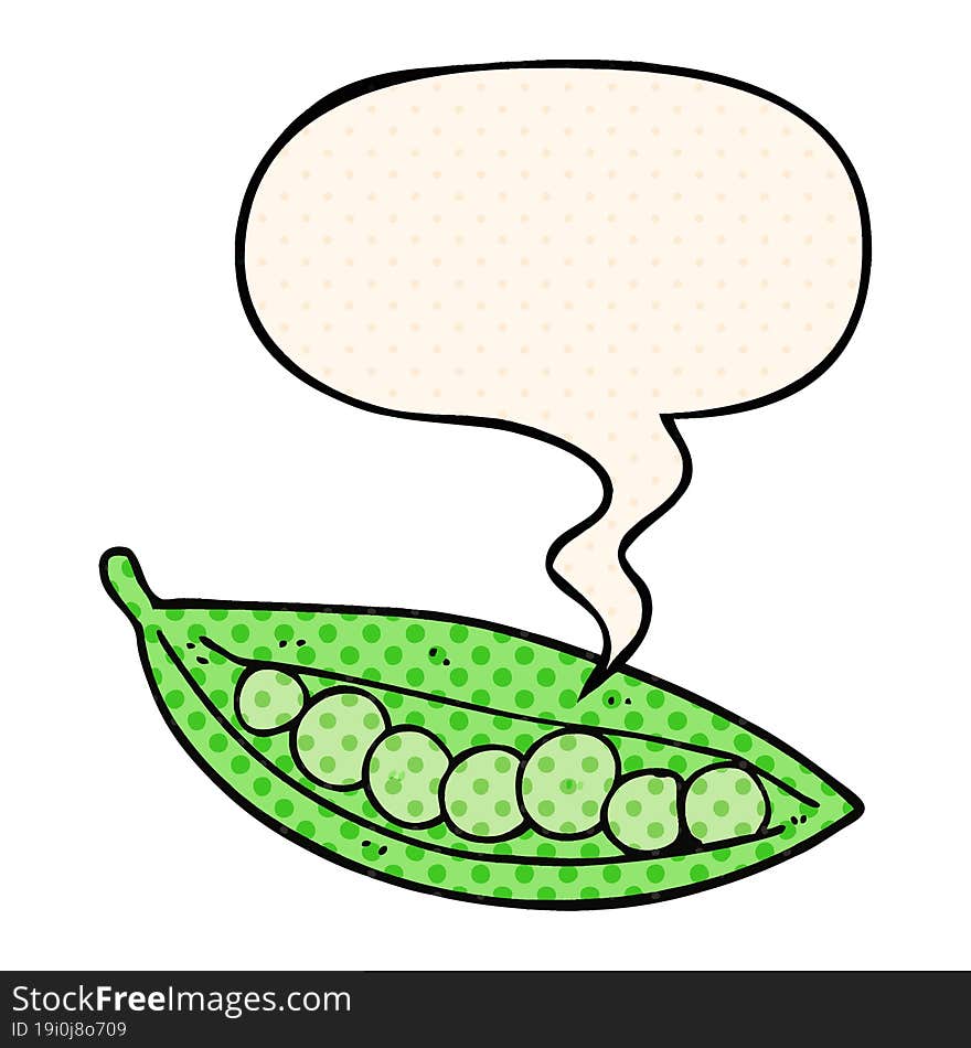 cartoon peas in pod and speech bubble in comic book style