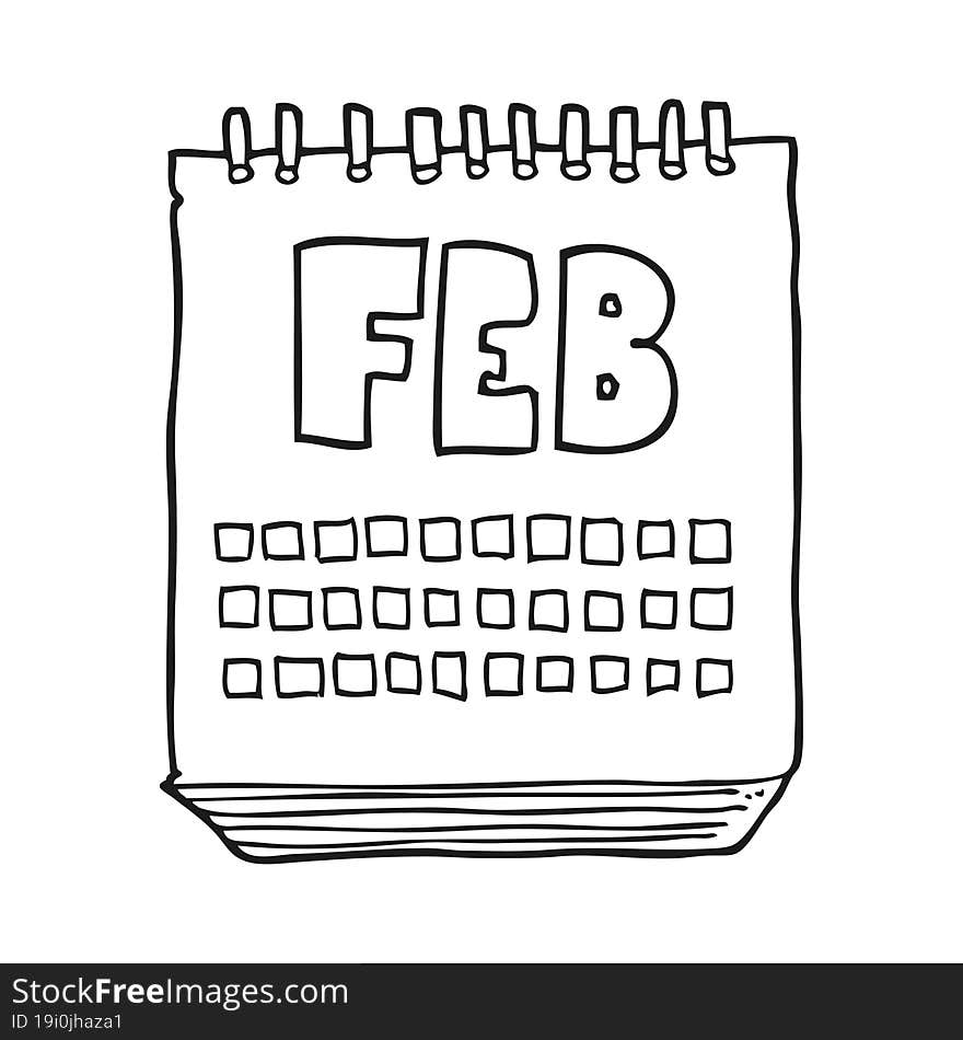 black and white cartoon calendar showing month of february