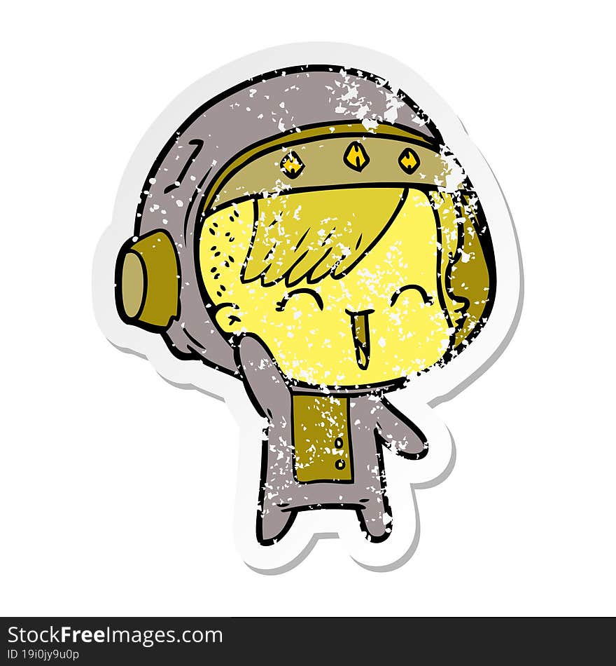 Distressed Sticker Of A Cartoon Happy Astronaut Girl Waving