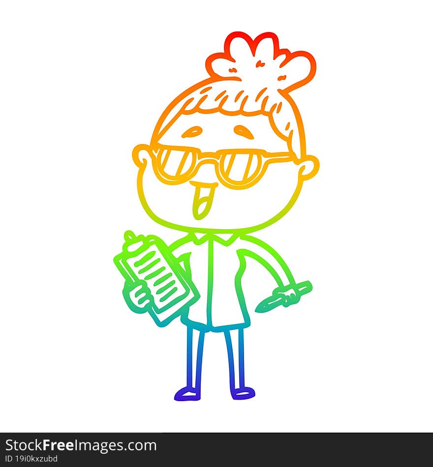 rainbow gradient line drawing cartoon happy woman wearing spectacles