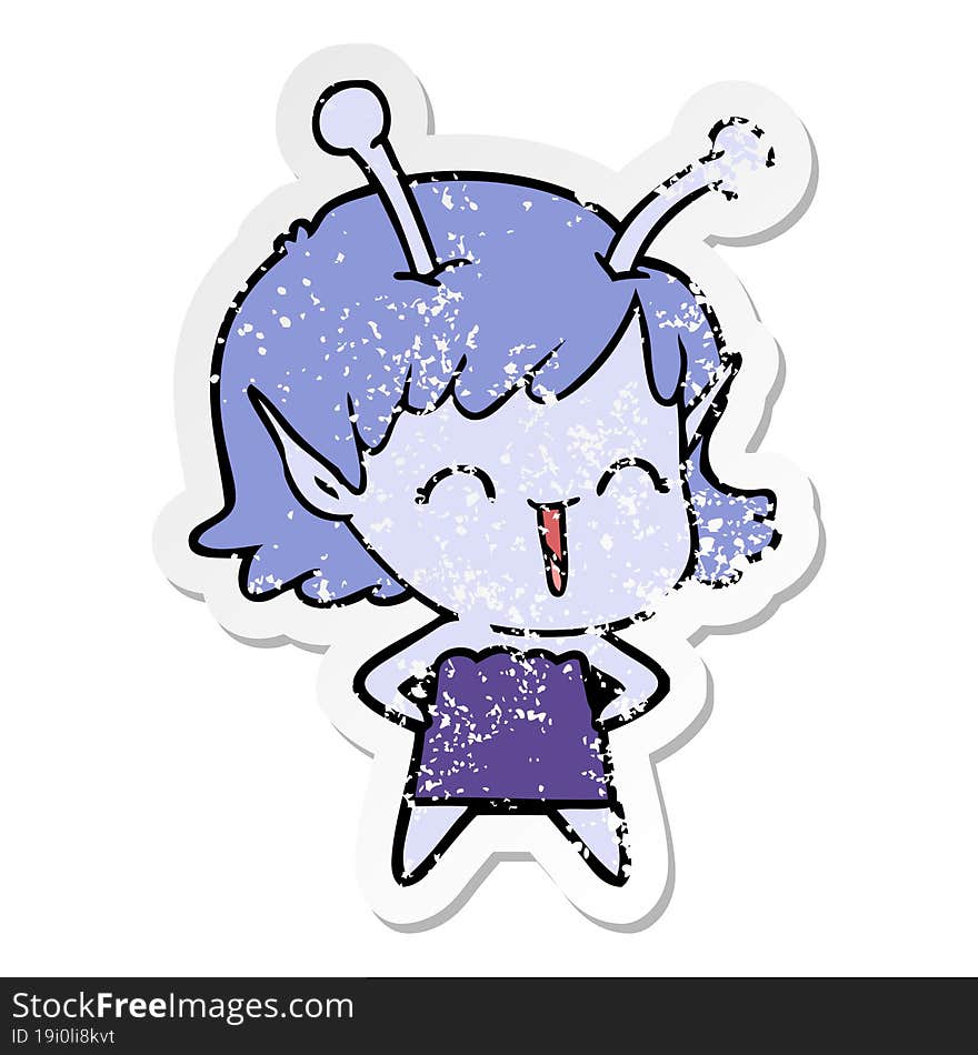 Distressed Sticker Of A Cartoon Alien Girl Laughing