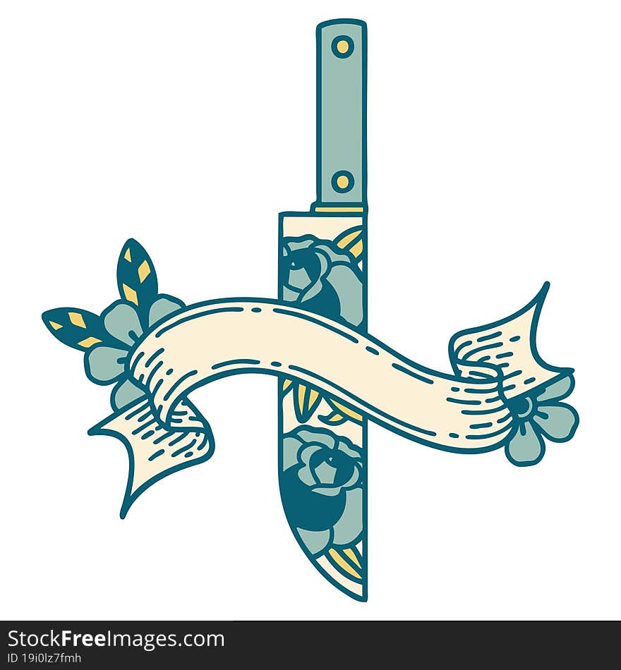 Tattoo With Banner Of A Dagger And Flowers