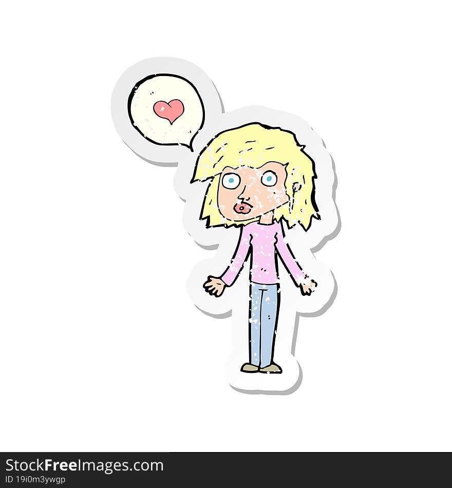 retro distressed sticker of a cartoon woman in love