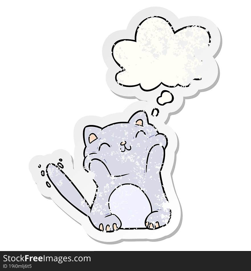 Cartoon Cat And Thought Bubble As A Distressed Worn Sticker