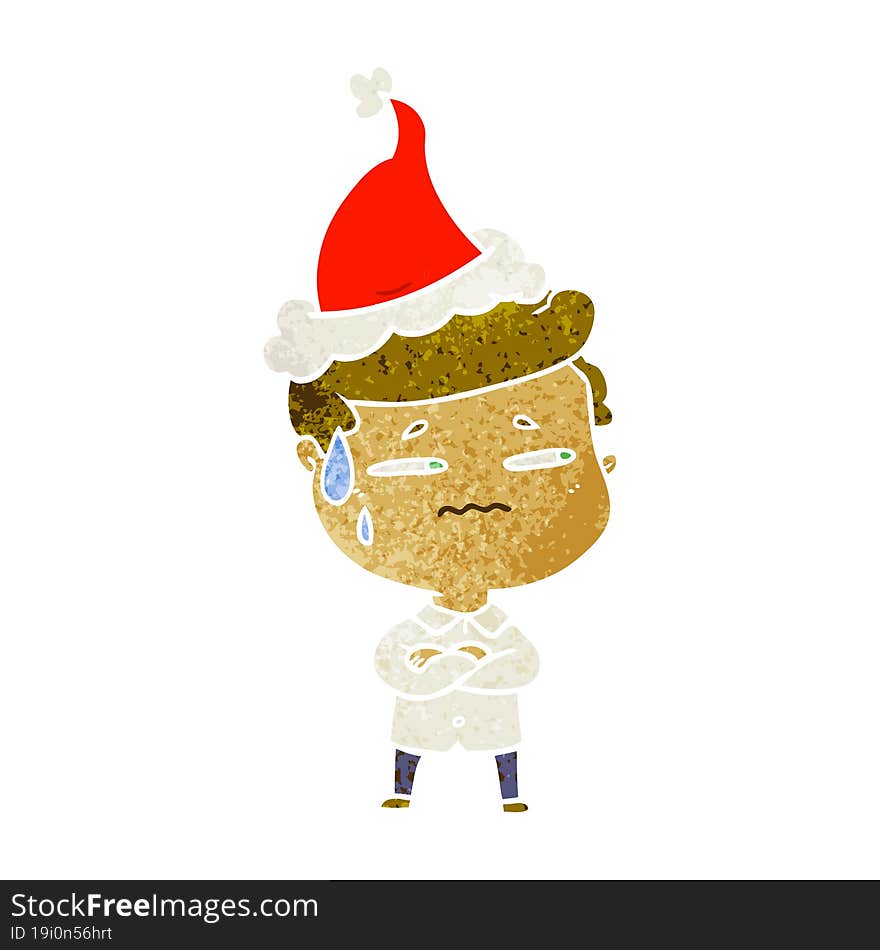 retro cartoon of a anxious man wearing santa hat