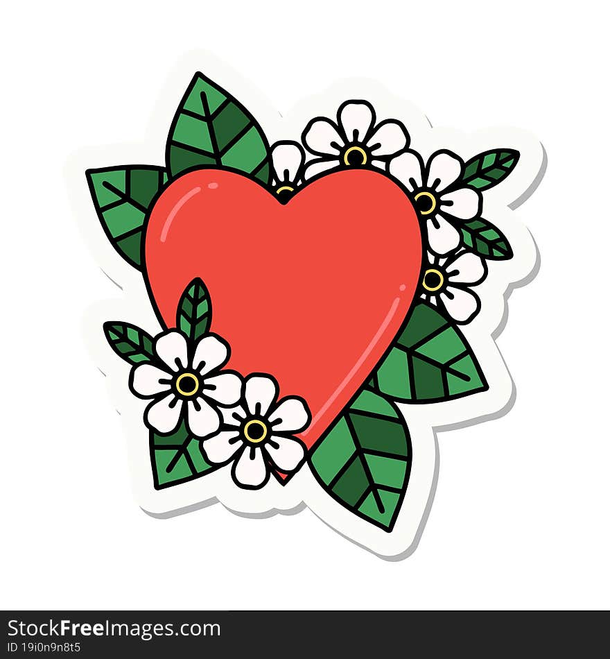 sticker of tattoo in traditional style of a botanical heart. sticker of tattoo in traditional style of a botanical heart