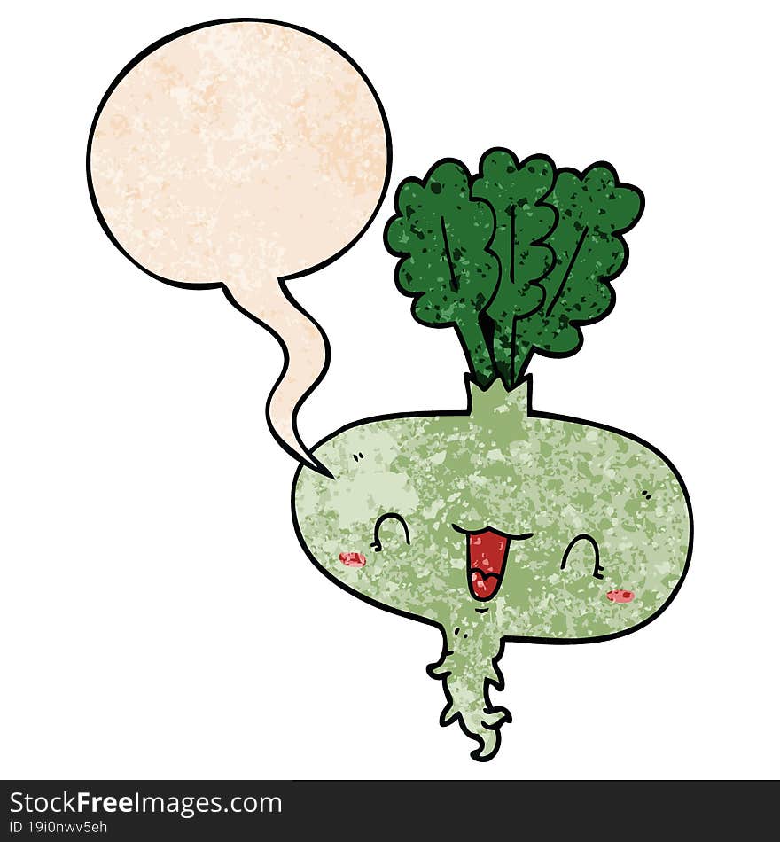 cartoon turnip and speech bubble in retro texture style