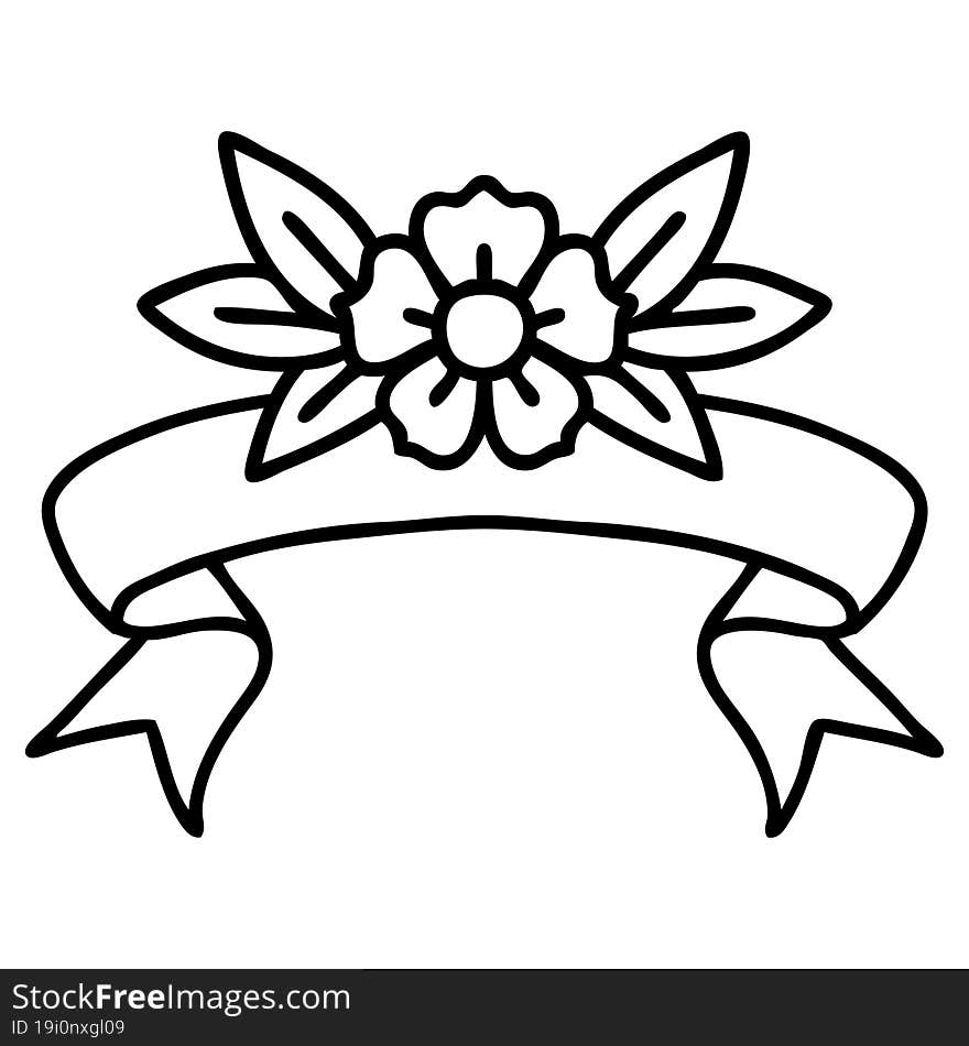 traditional black linework tattoo with banner of a flower