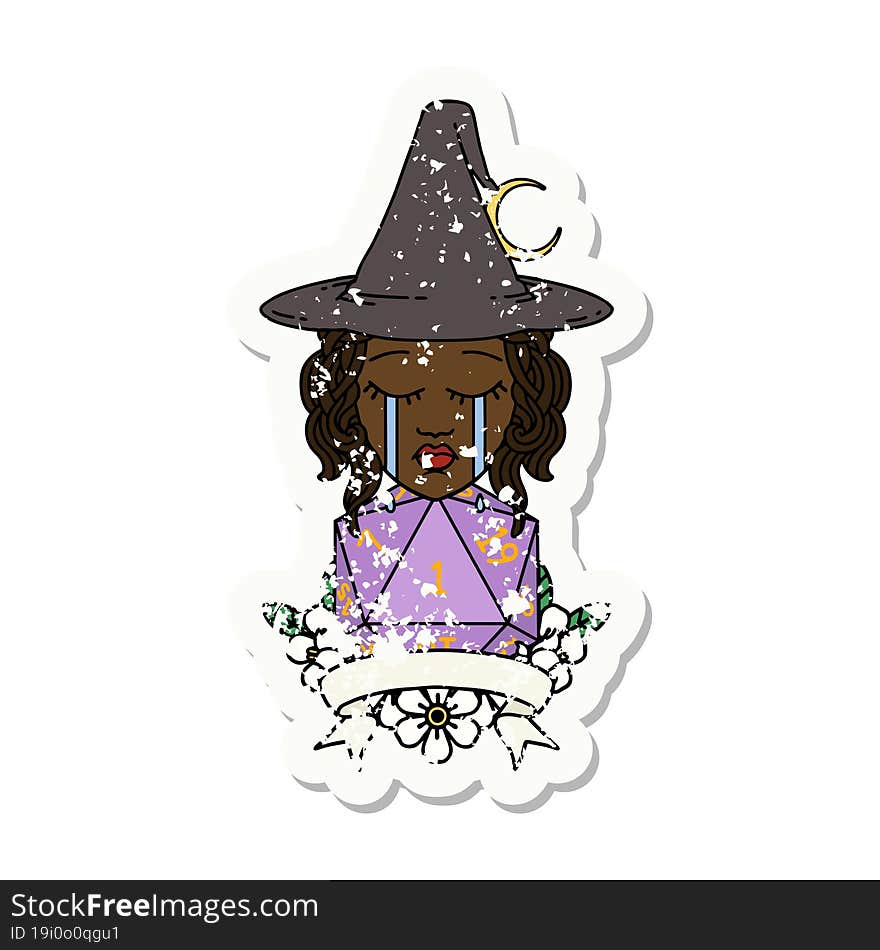 Retro Tattoo Style crying human witch with natural one roll. Retro Tattoo Style crying human witch with natural one roll