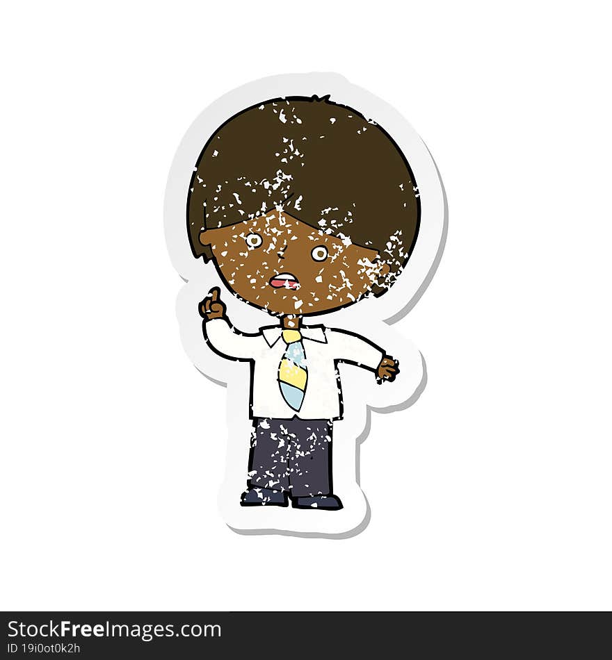 retro distressed sticker of a cartoon worried school boy raising hand