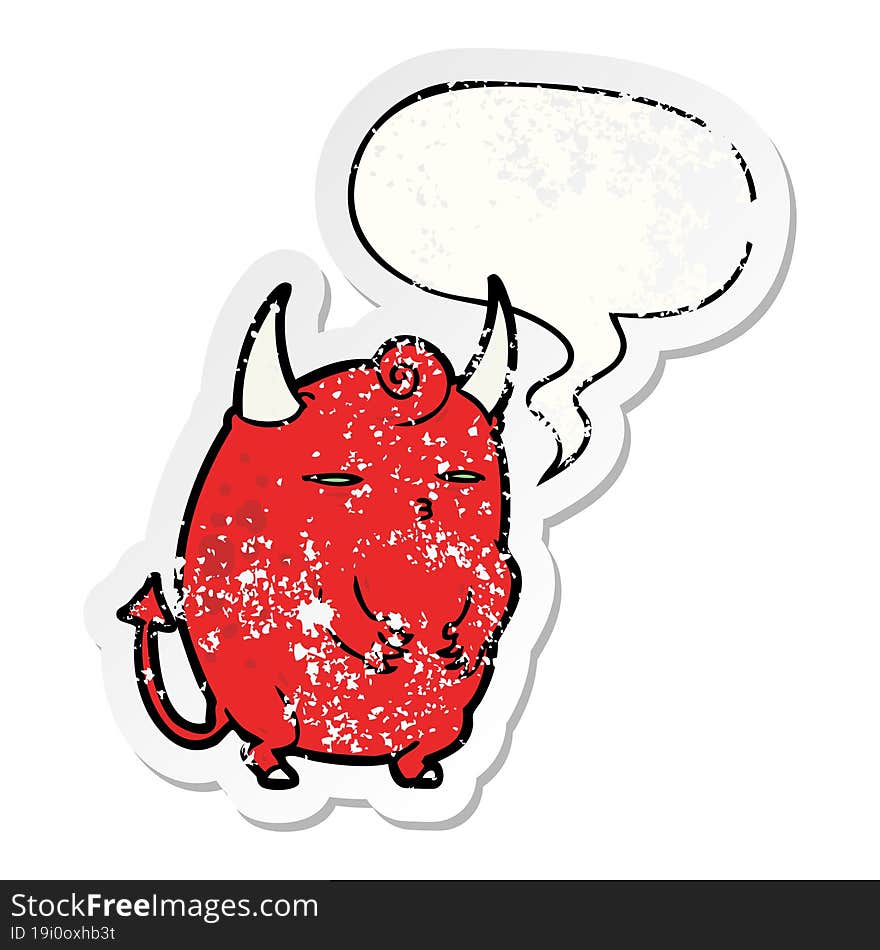 cartoon fat little halloween devil and speech bubble distressed sticker