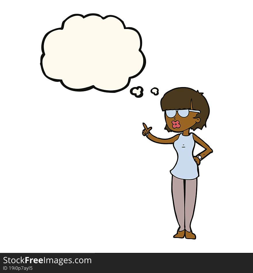 cartoon woman wearing spectacles with thought bubble