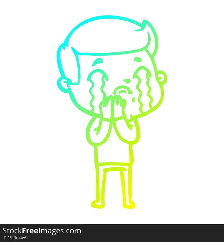 cold gradient line drawing of a cartoon man crying